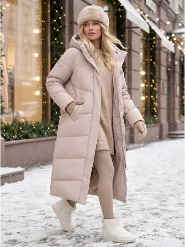 Пудровый пуховик длинный с капюшоном OffCold фото 14