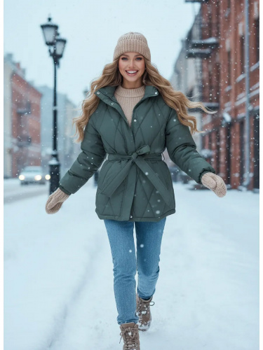 Зеленая стеганая куртка с поясом еврозима OffCold
