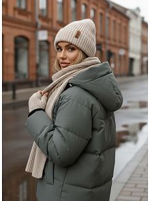 Оливковая утепленная куртка с капюшоном удлиненная OffCold