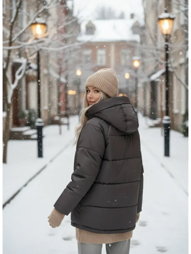 Серая утепленная куртка с капюшоном удлиненная  OffCold фото 4