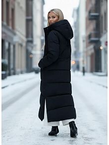 Черный пуховик длинный с капюшоном OffCold