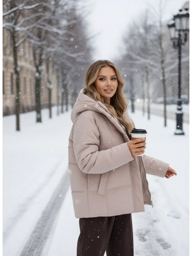Бежево-розовая утепленная куртка с капюшоном удлиненная OffCold фото 3