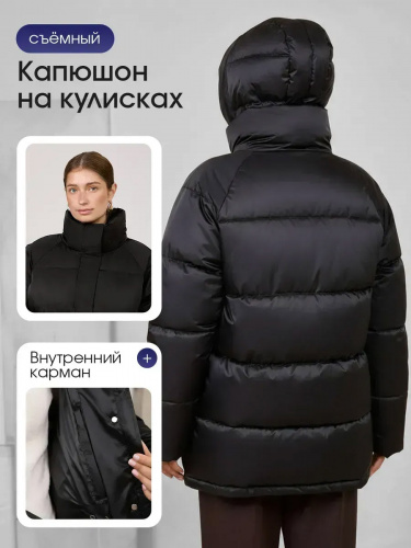 Черная утепленная куртка с капюшоном удлиненная OffCold фото 8