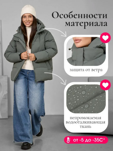 Оливковая утепленная куртка с капюшоном удлиненная OffCold фото 8