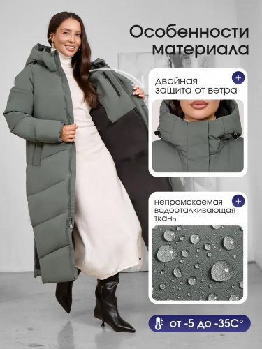 Зеленый пуховик длинный с капюшоном OffCold фото 7