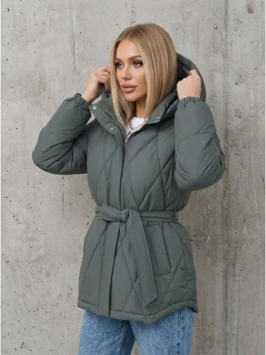 Зеленая стеганая куртка с поясом еврозима OffCold фото 16