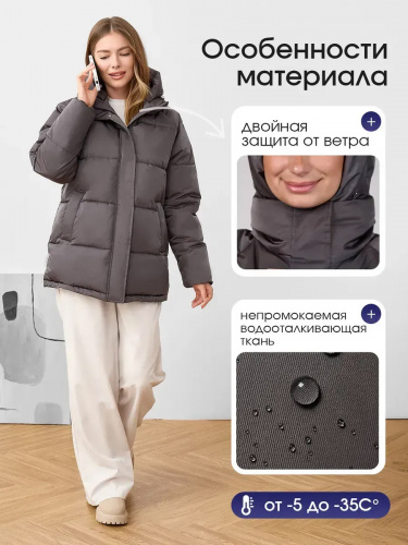 Серая утепленная куртка с капюшоном удлиненная  OffCold фото 7