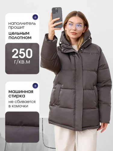 Серая утепленная куртка с капюшоном удлиненная  OffCold фото 6