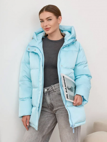 Голубая утепленная куртка с капюшоном удлиненная OffCold фото 6