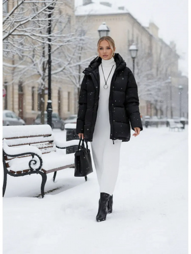 Черная утепленная куртка с капюшоном удлиненная OffCold фото 4