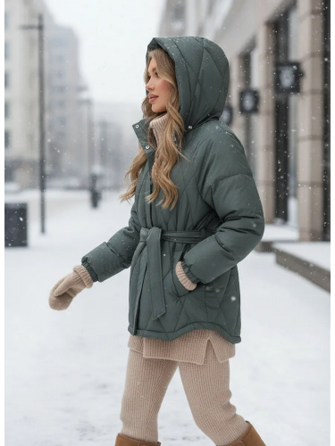 Зеленая стеганая куртка с поясом еврозима OffCold фото 4