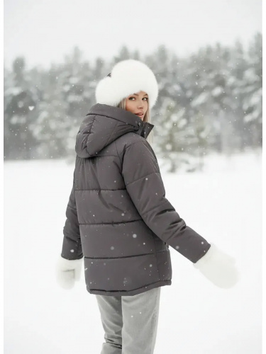 Серая утепленная куртка с капюшоном удлиненная  OffCold фото 5