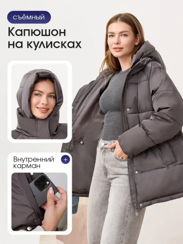 Серая утепленная куртка с капюшоном удлиненная  OffCold фото 8