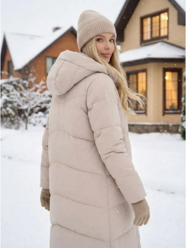 Пудровый пуховик длинный с капюшоном OffCold фото 4