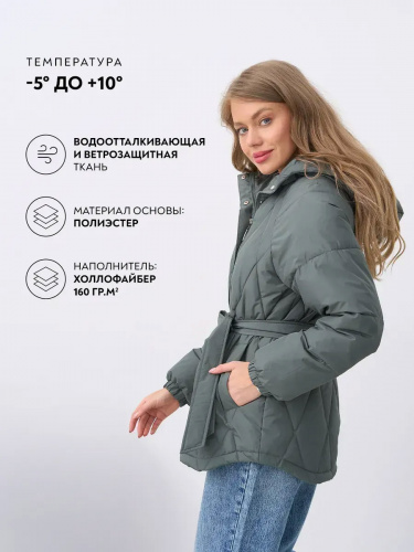 Зеленая стеганая куртка с поясом еврозима OffCold фото 5